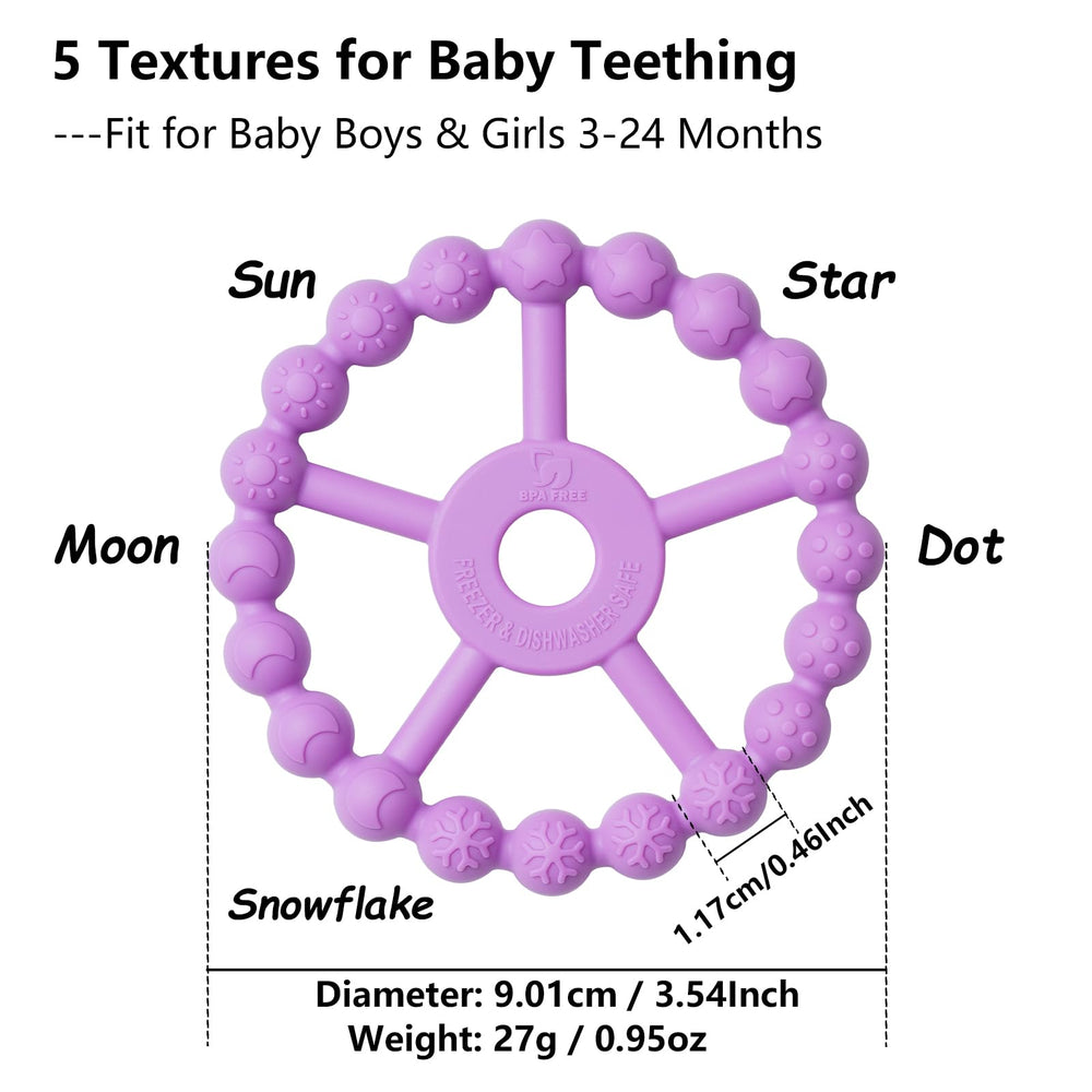 Seposeve ring teether 5 textures close-up demonstrates varied textures for gum soothing.