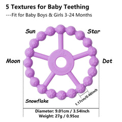 Seposeve ring teether 5 textures close-up demonstrates varied textures for gum soothing.