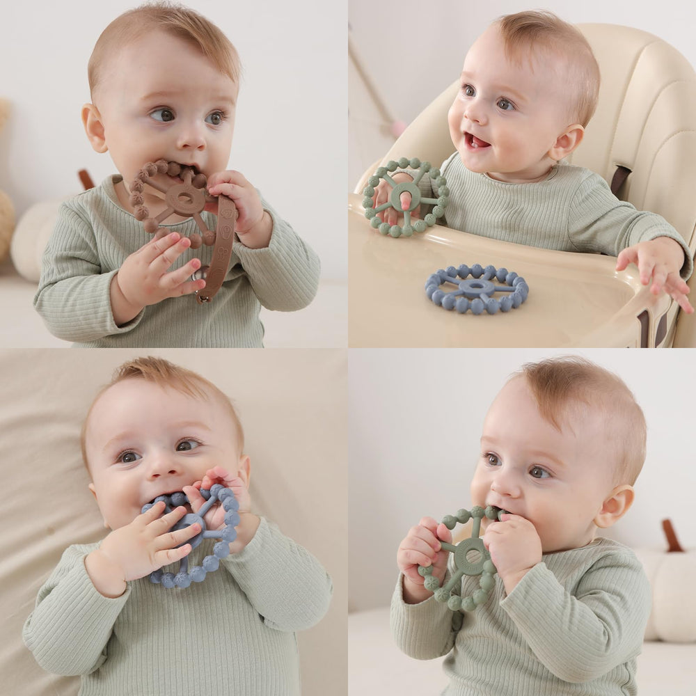 Seposeve ring teether held by baby shows easy-grip design for tiny hands