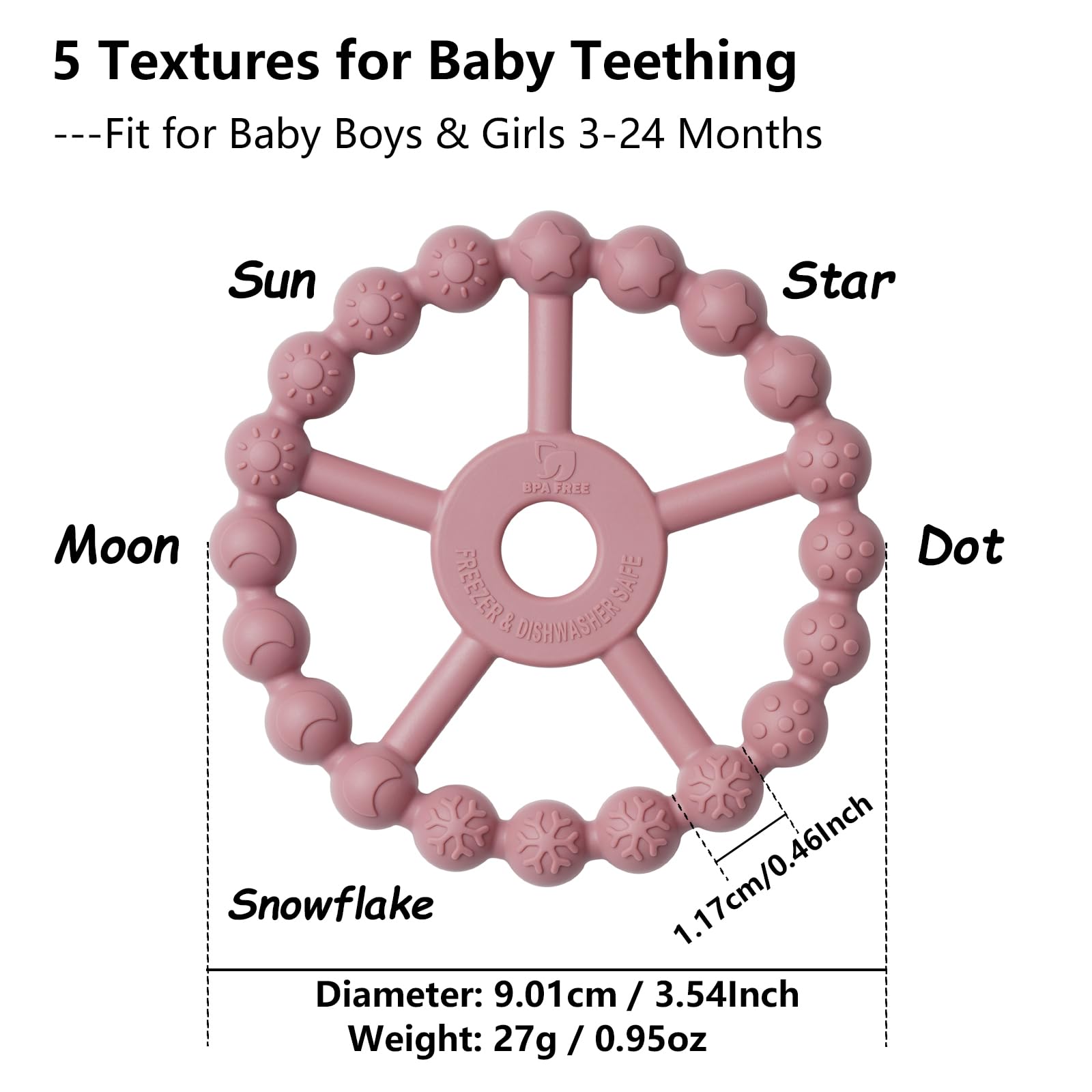 Seposeve ring teether moon texture promotes gentle chewing relief.