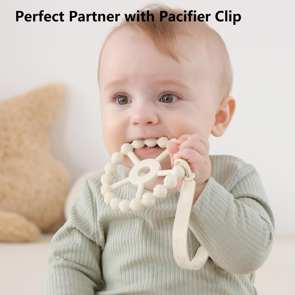 Seposeve ring teether pack shot shows 3-pack silicone teethers for safe chewing.