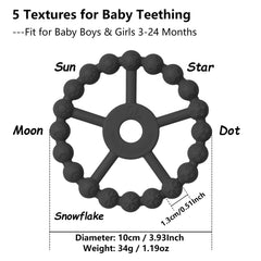 Seposeve ring teether side textures close-up showing tactile gum massage options