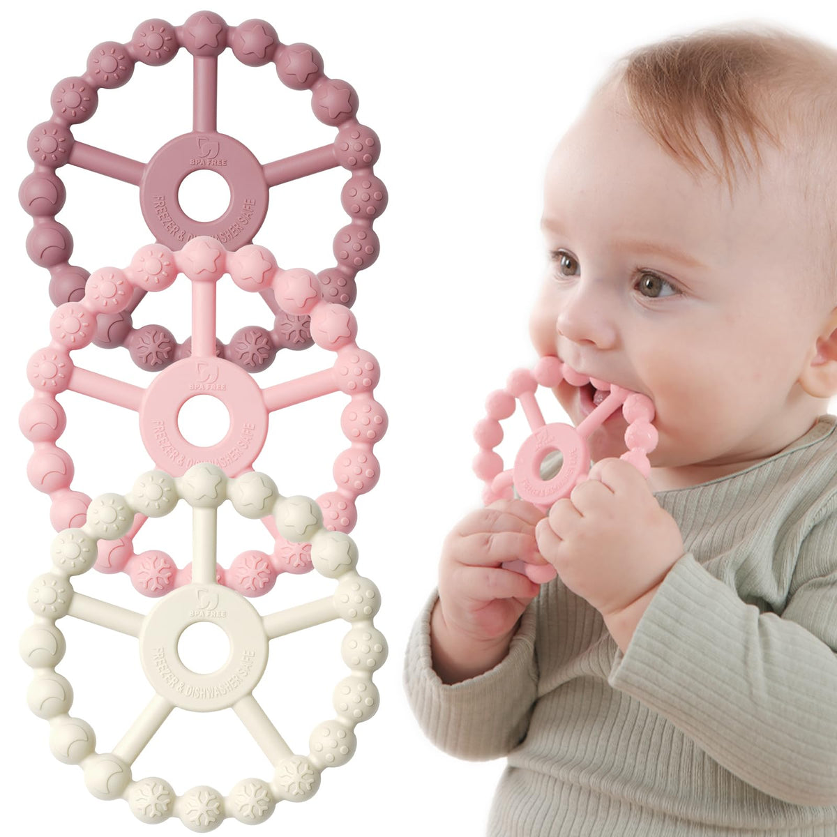 Seposeve ring teether sun texture soothes gums during teething.