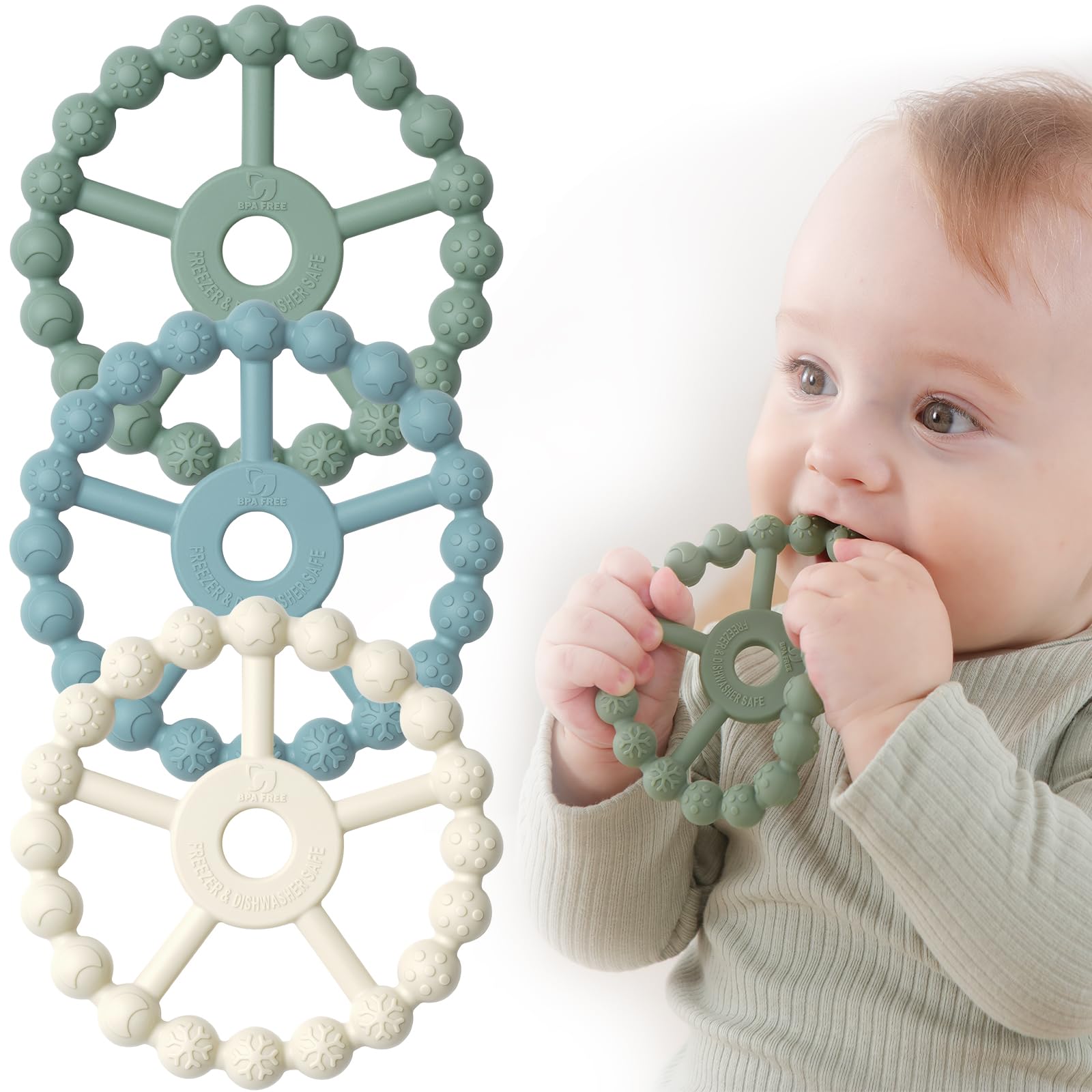Seposeve ring teether shows sun-star-moon textures soothing gums