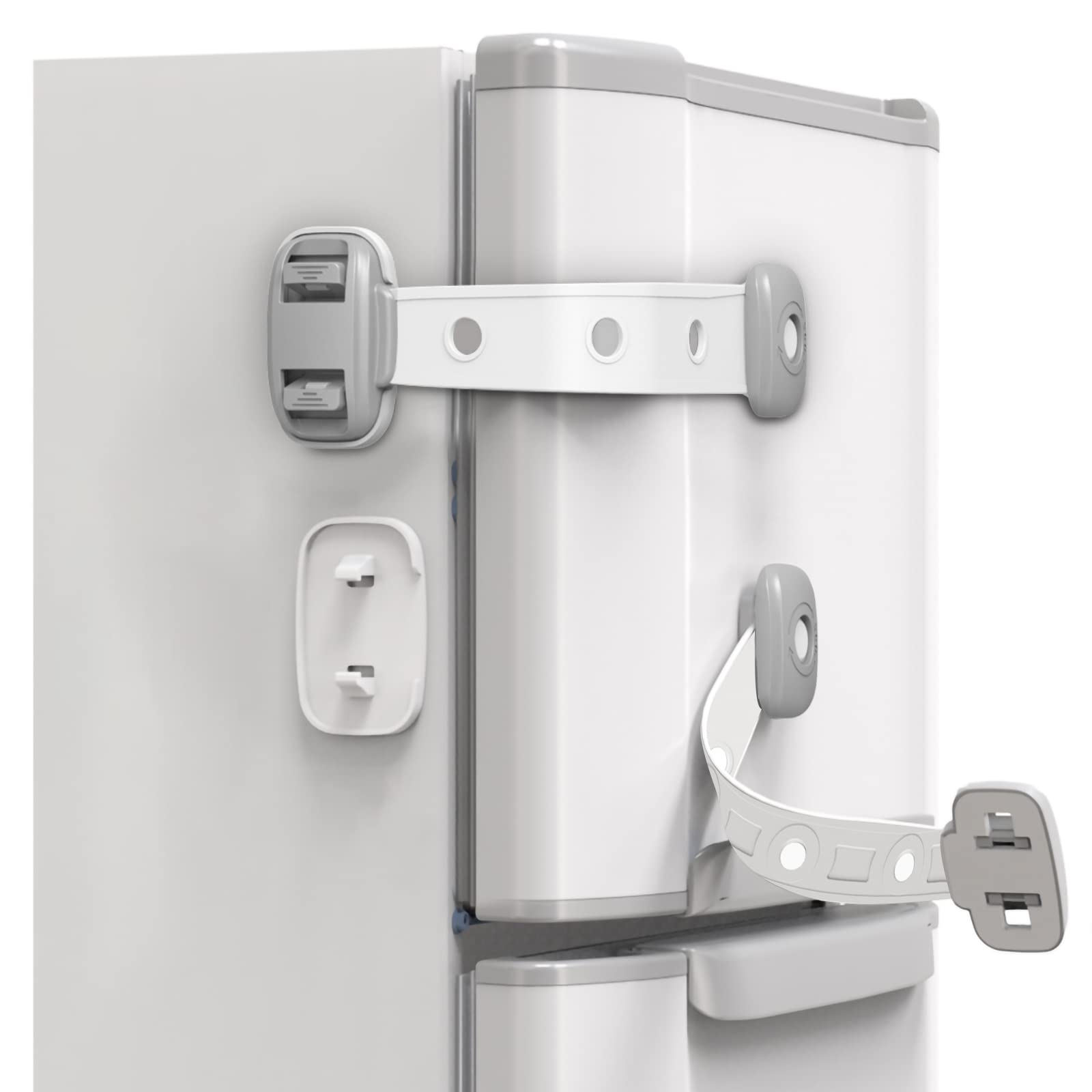 SEQUHITKU fridge lock strap around corner keeps cabinets secure from curious kids.