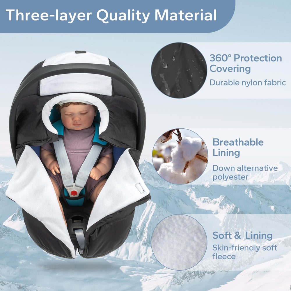 SERAPHY car seat cover highlights three-layer fabric shielding wind while staying breathable