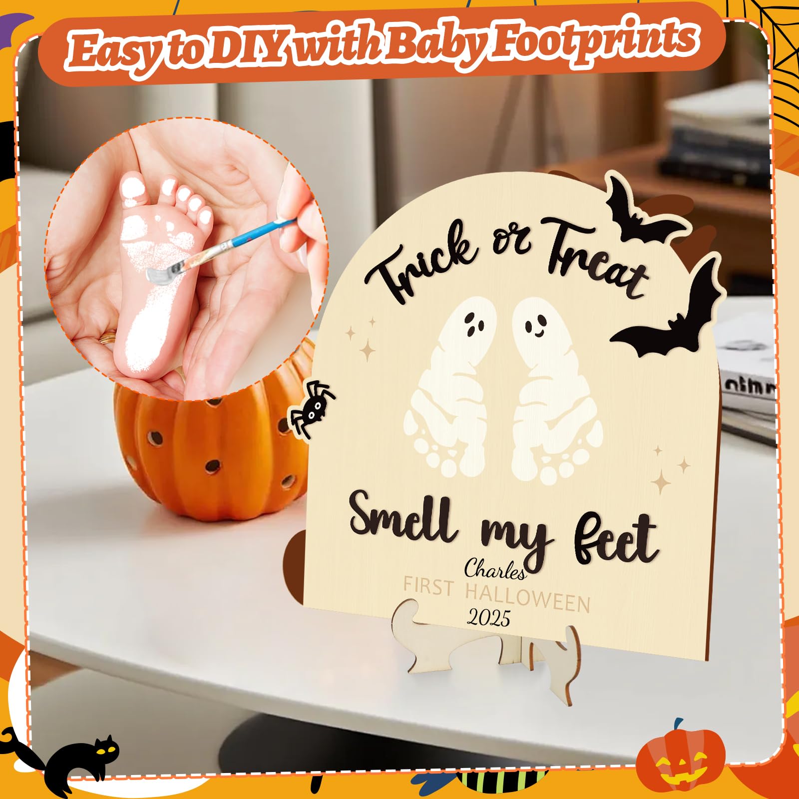 Sereliy Halloween sign with hooks demonstrates easy wall or table display.
