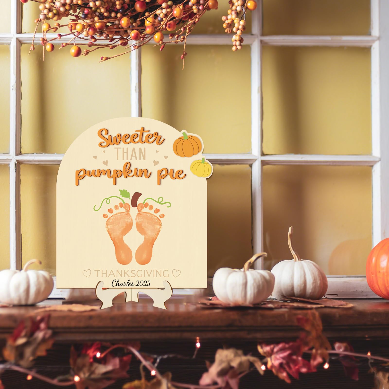 Sereliy keepsake footprint sign closeup highlighting wood texture and design