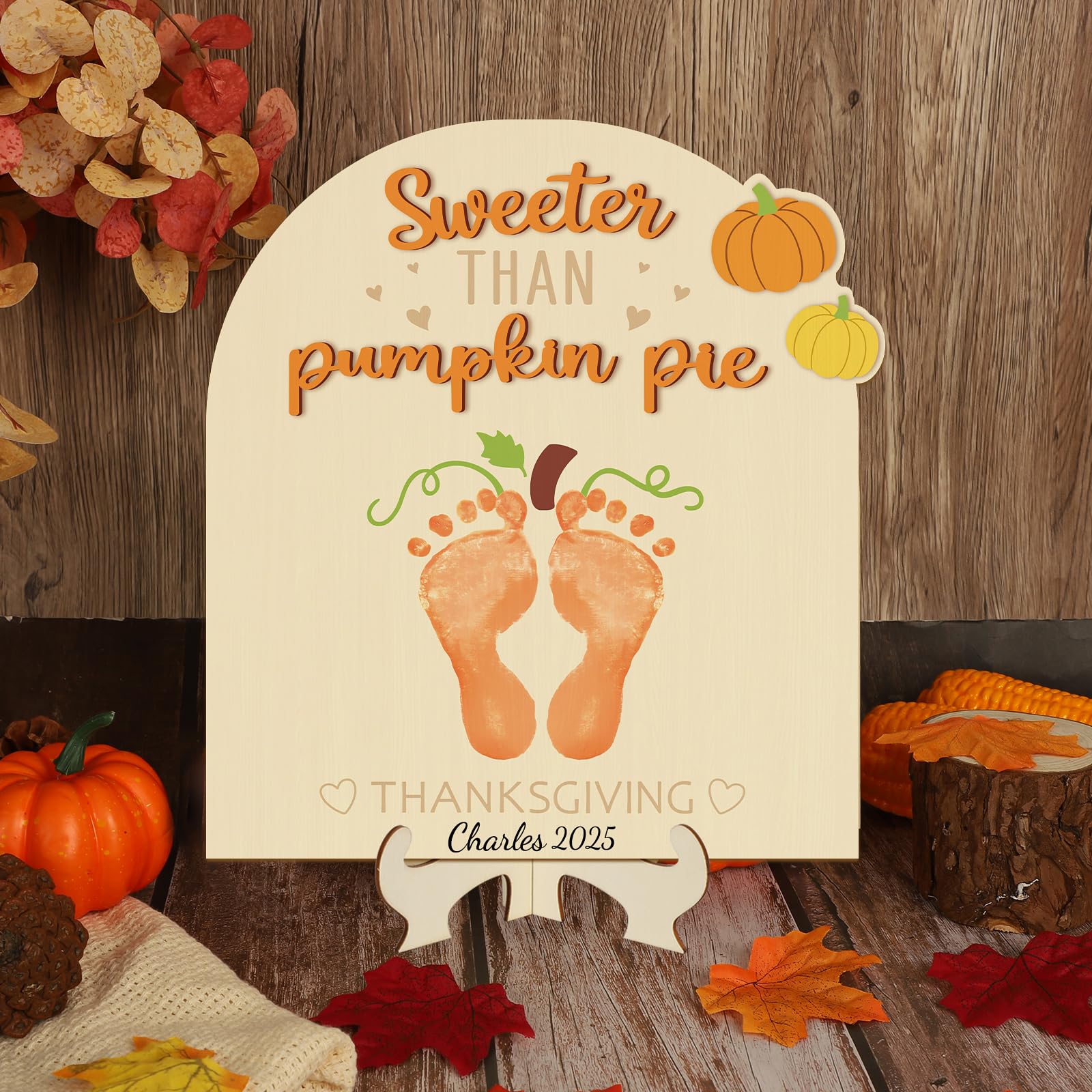 Sereliy large baby Thanksgiving sign on a tabletop display