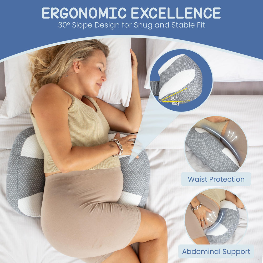 Serene Haven Plus Sized Pregnancy Pillow 30-degree-slope demonstrates stable side-sleep support.