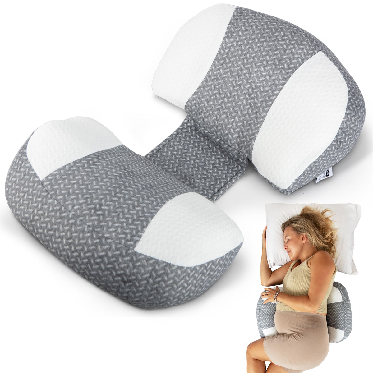Serene Haven Plus Sized Pregnancy Pillow main shot promotes restful side sleeping.