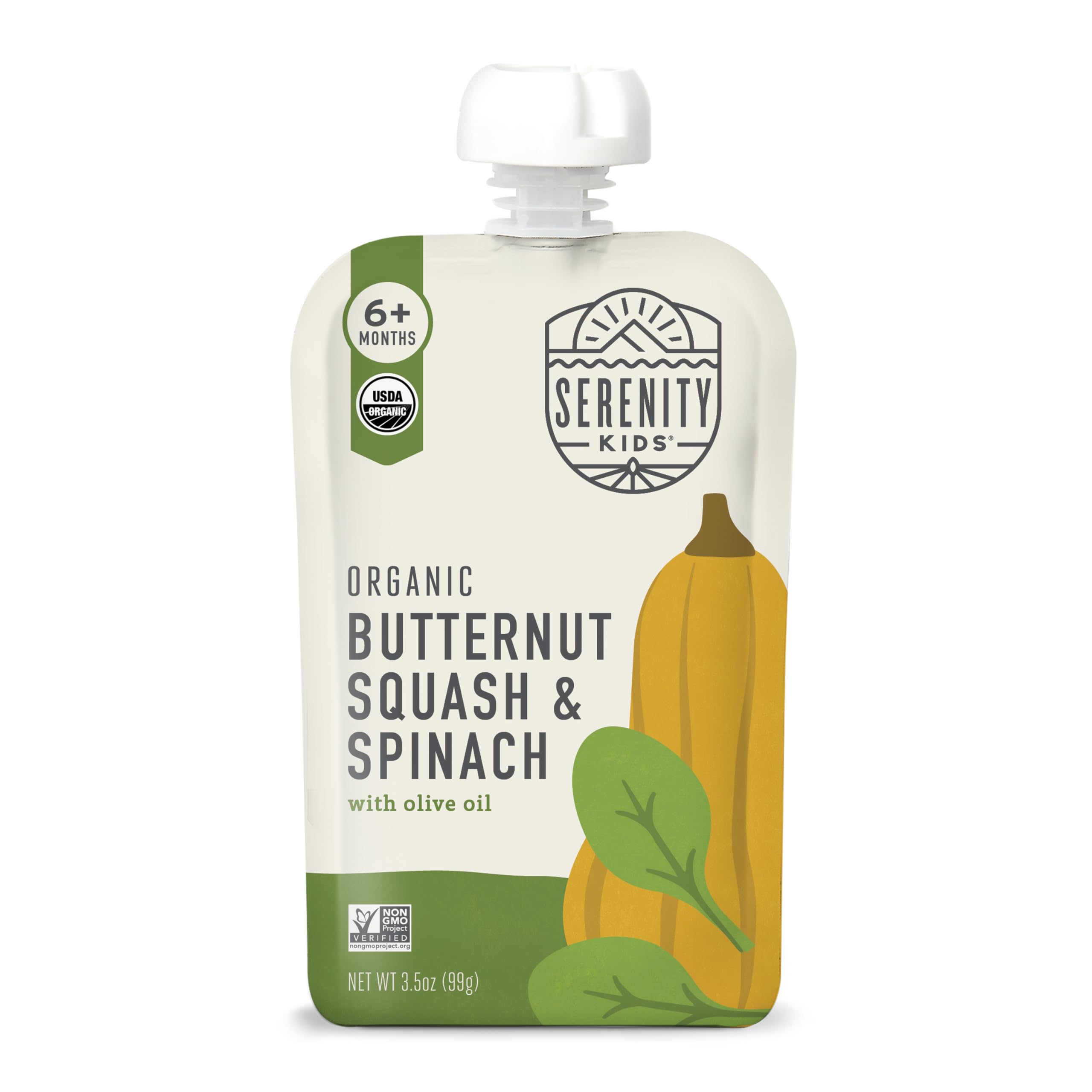 Serenity Kids 6+ Months pouch close-up, savory veggie blend for on-the-go feeding