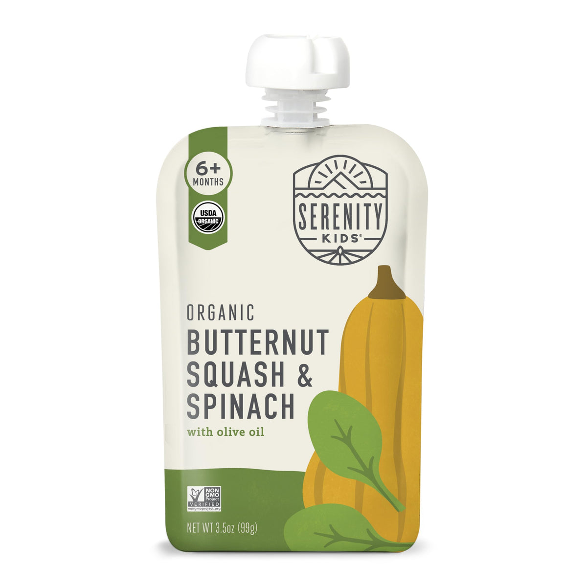 Serenity Kids 6+ Months pouch close-up, savory veggie blend for on-the-go feeding