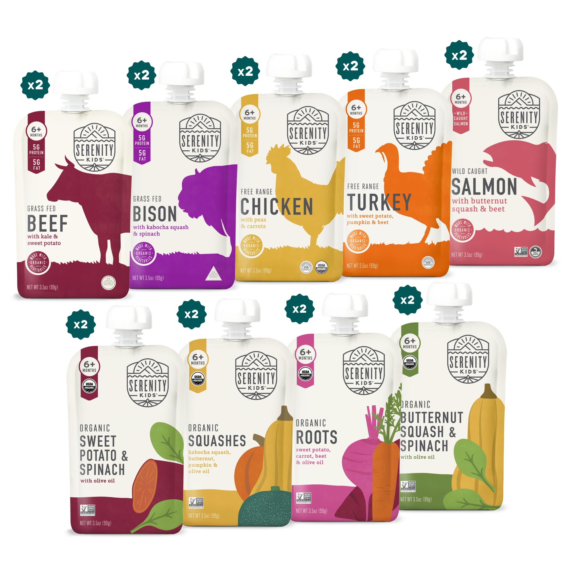 Serenity Kids 6+ Months pouch packfront for on-the-go savory meals.