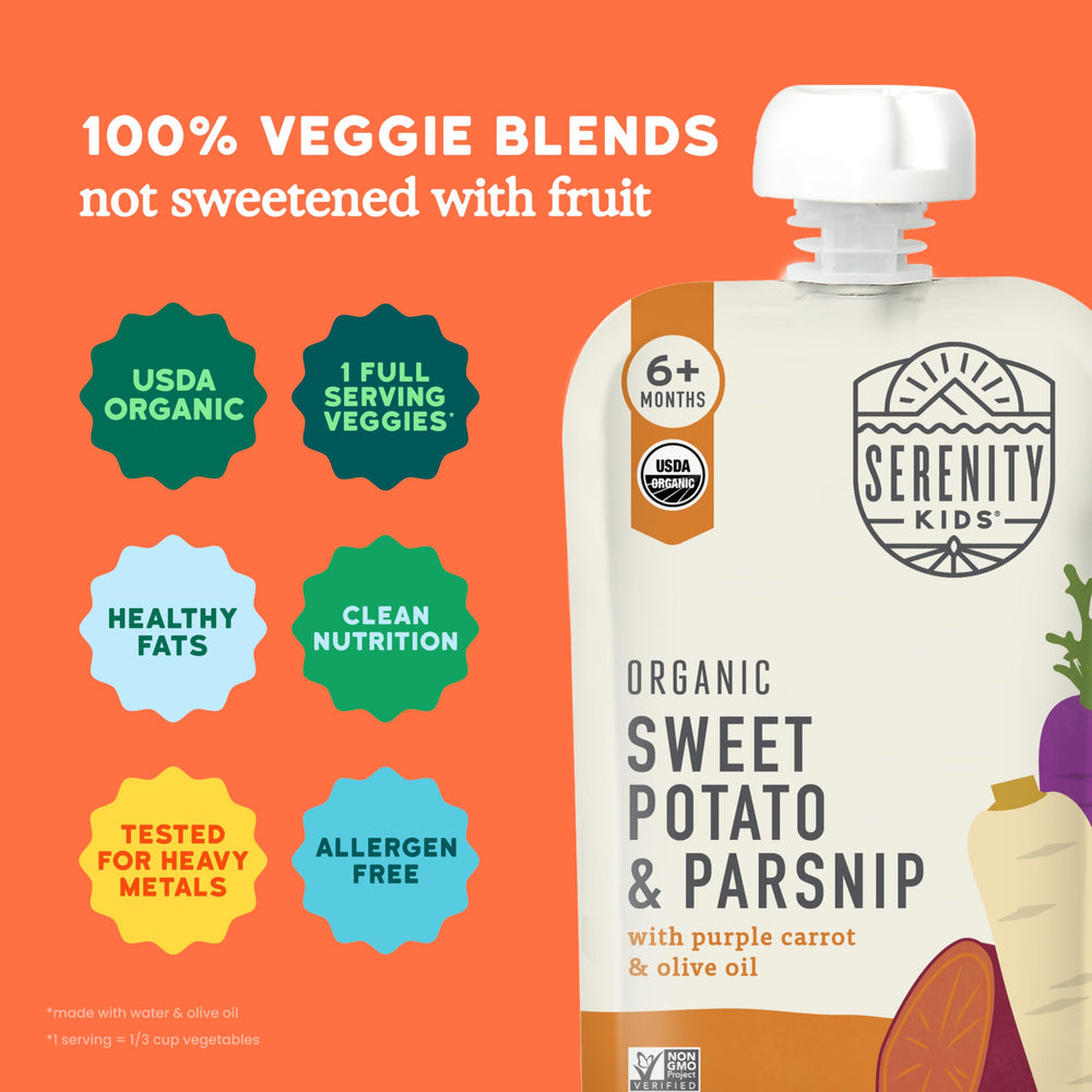 Serenity Kids allergen-free pouches ease mealtime worries.