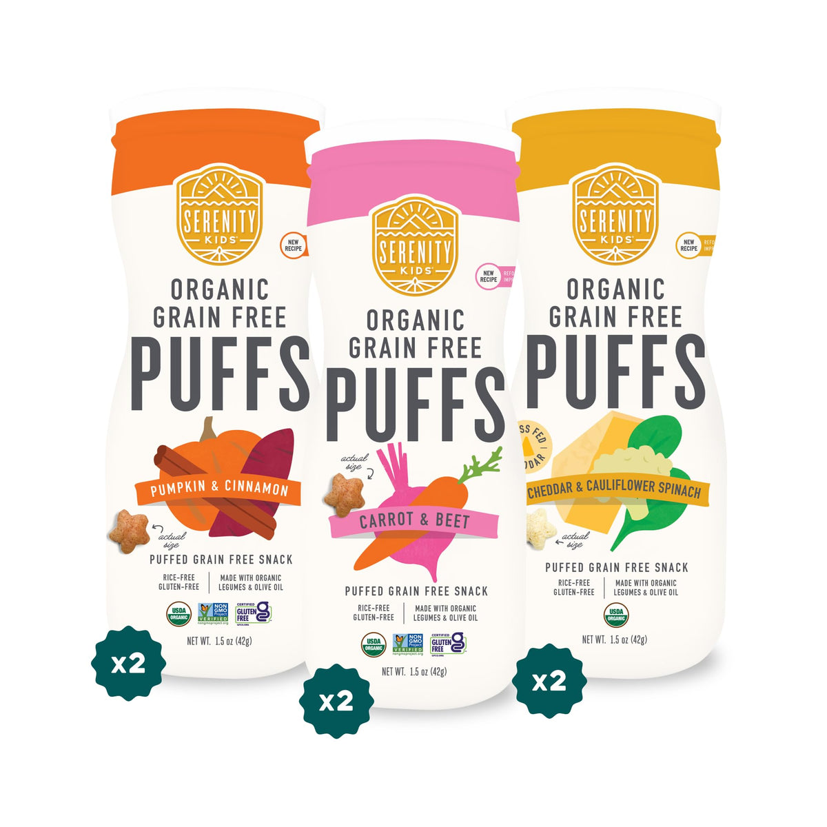 Serenity Kids baby puffs variety pack canister—grain-free, organic toddler snacks for on-the-go feeding.