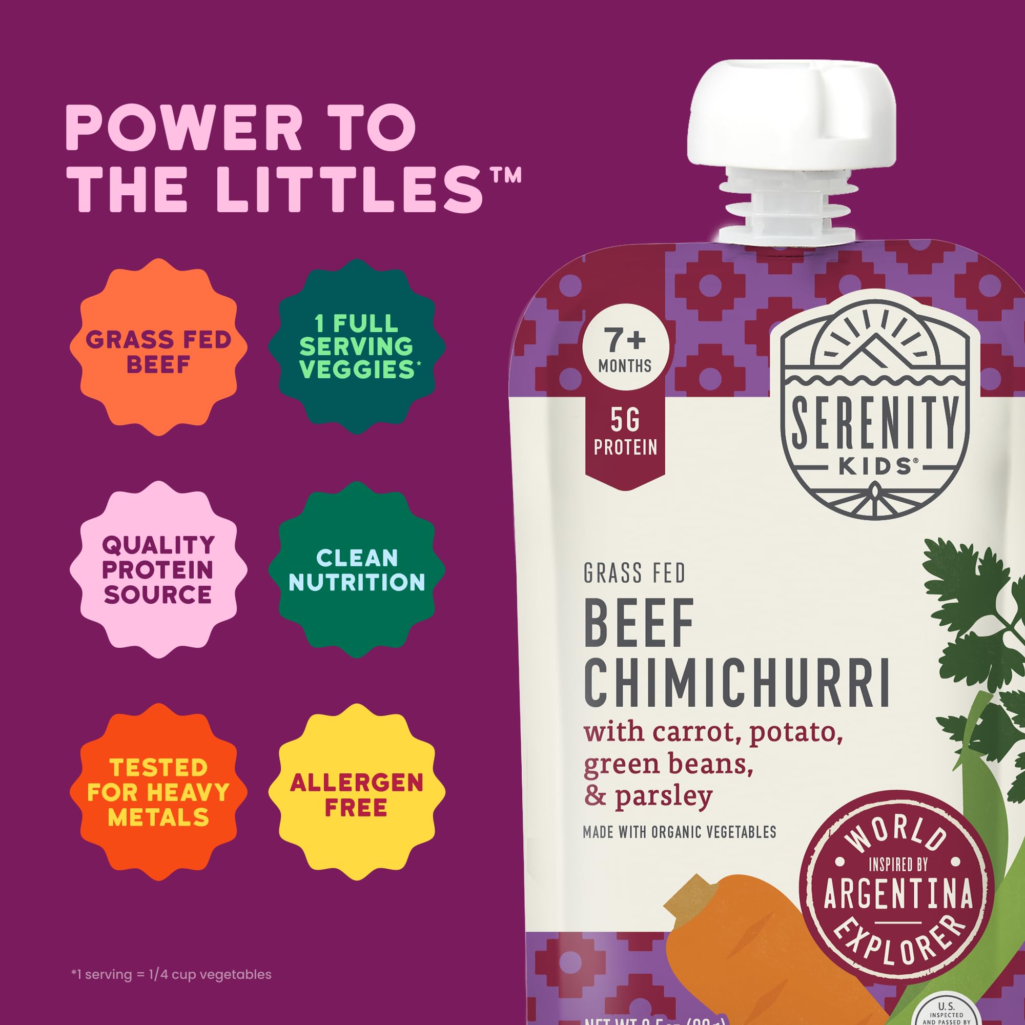 Serenity Kids beef chimichurri pouch label close-up showing organic veggies and no added sugar.