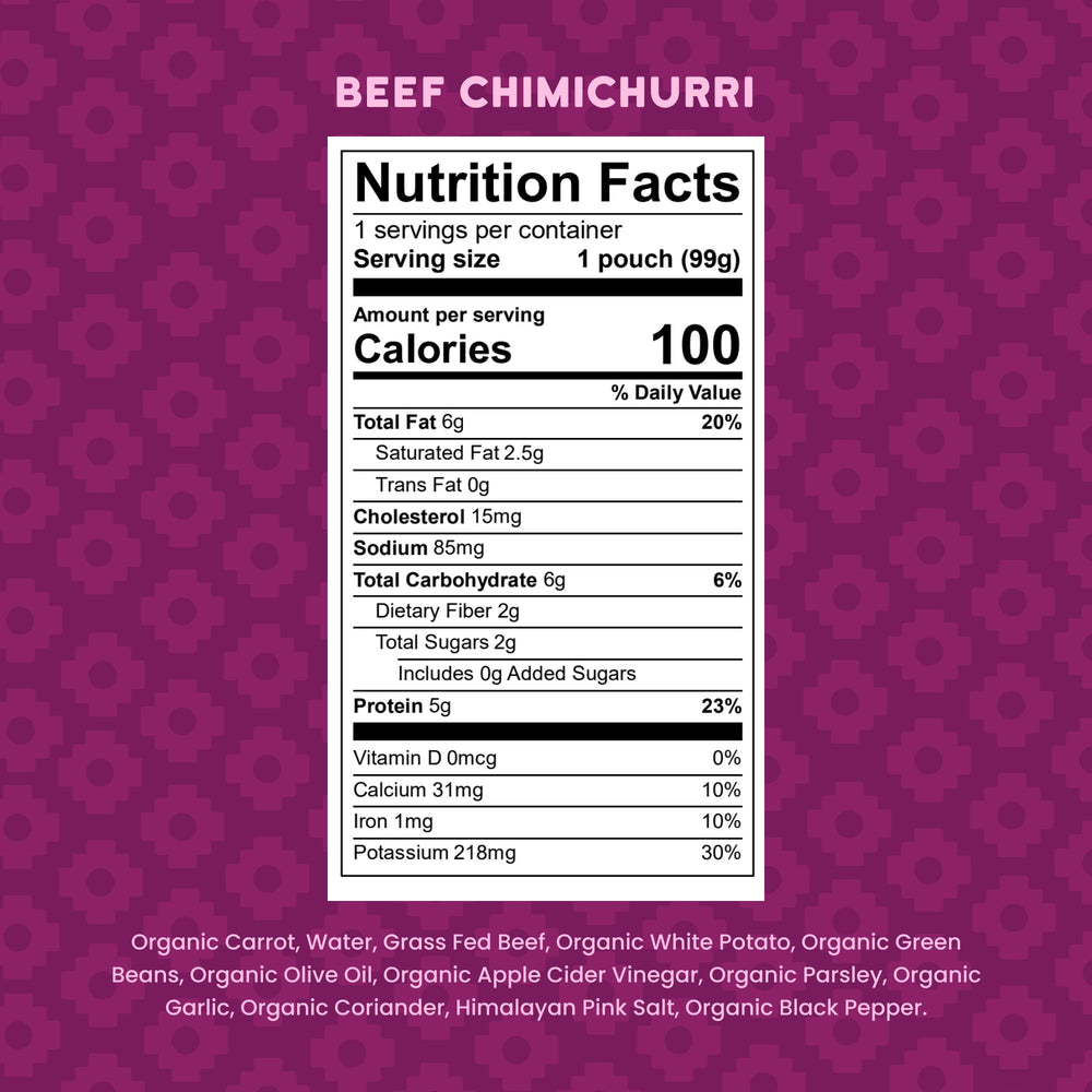 Serenity Kids beef chimichurri pouch opened showing grab-and-go nutrition.