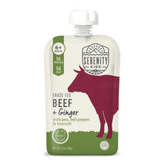 Serenity Kids beef-veggie pouch closed, convenient baby meal on the go