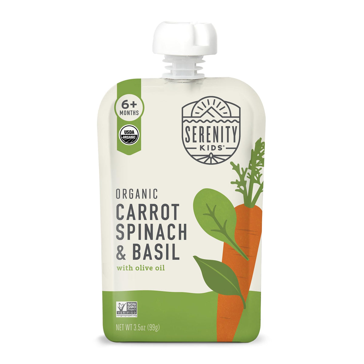 Serenity Kids carrot-spinach-basil pouch supports savory veggie meals for babies.