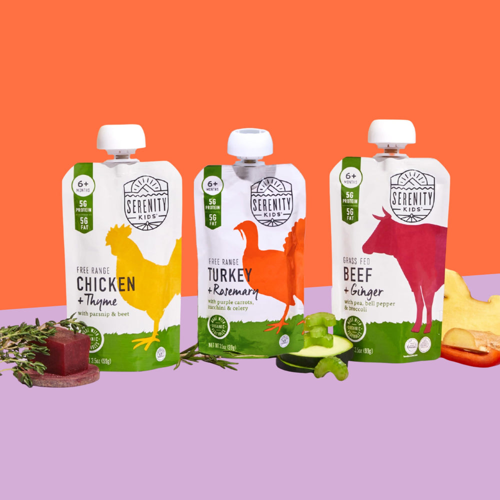 Serenity Kids free-range turkey meat product image emphasizing protein for growing kids.