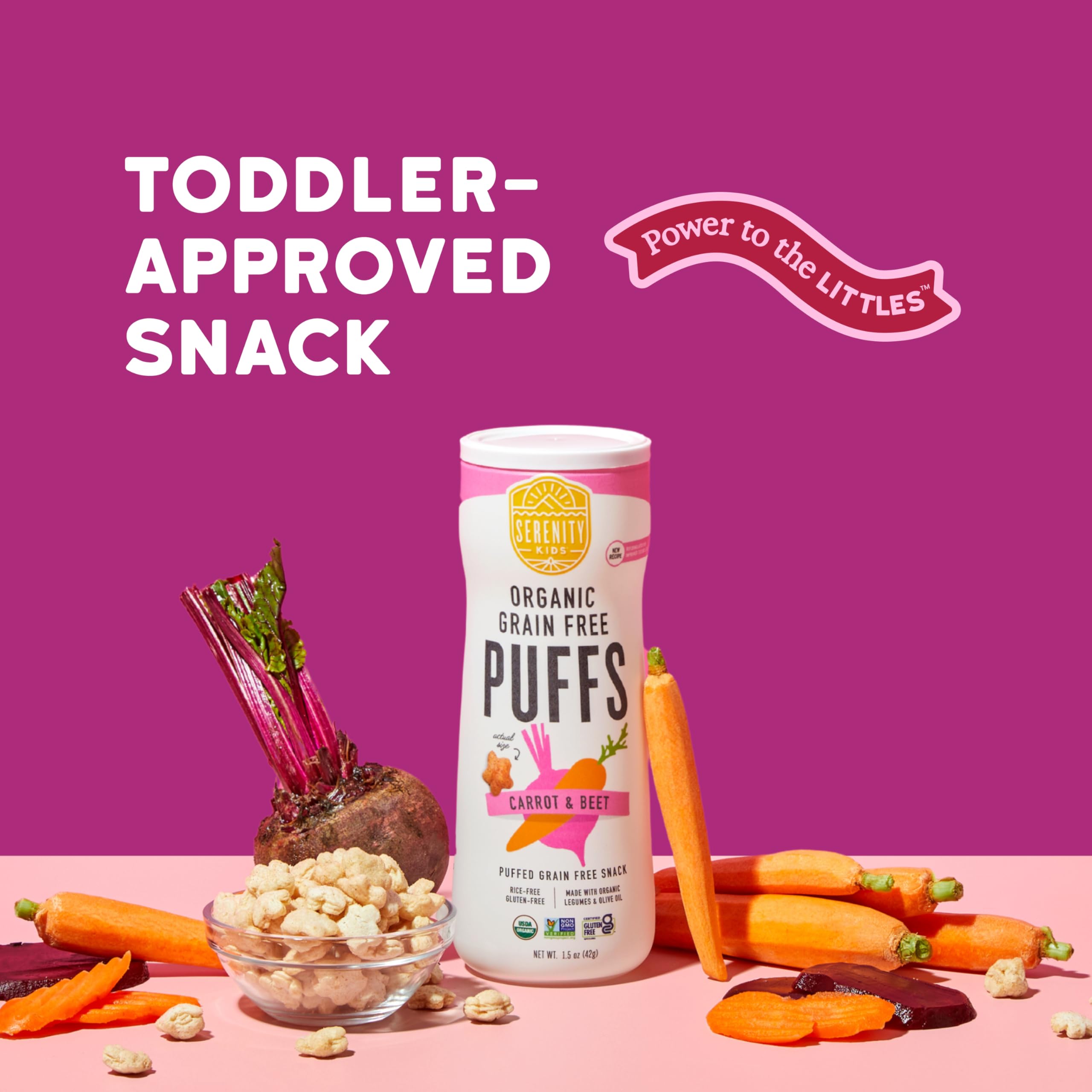 Serenity Kids grain-free puffs ingredients list featuring vegetables and legumes.