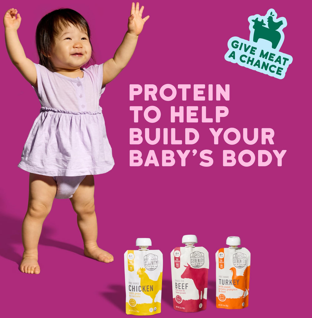 Serenity Kids ingredients image spotlights ethically sourced meats and organic vegetables.