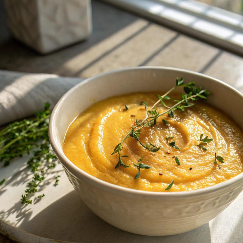 Serenity Kids kabocha butternut pumpkin close-up with olive oil for healthy fats