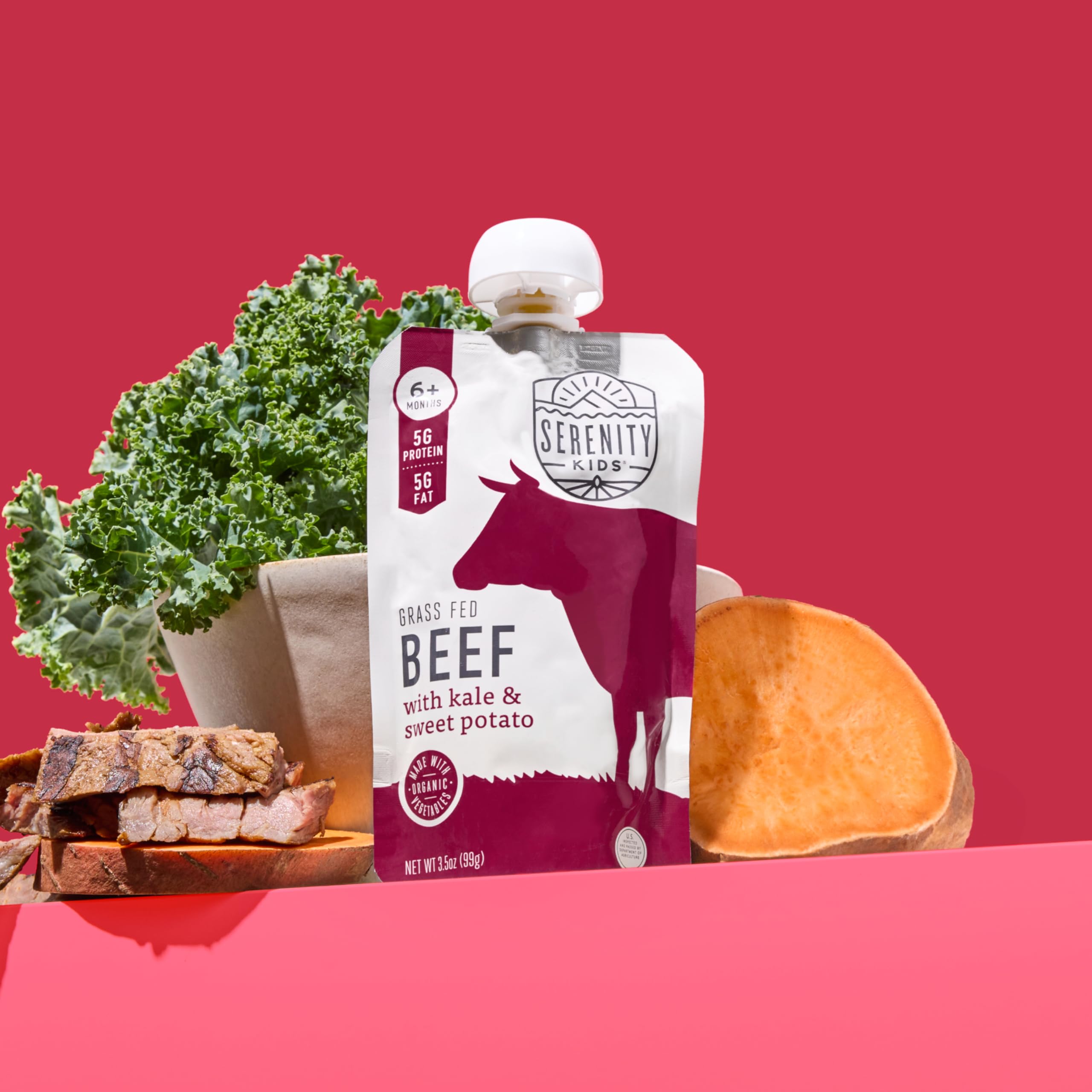 Serenity Kids land-to-market verification seal on pouch signals regenerative sourcing