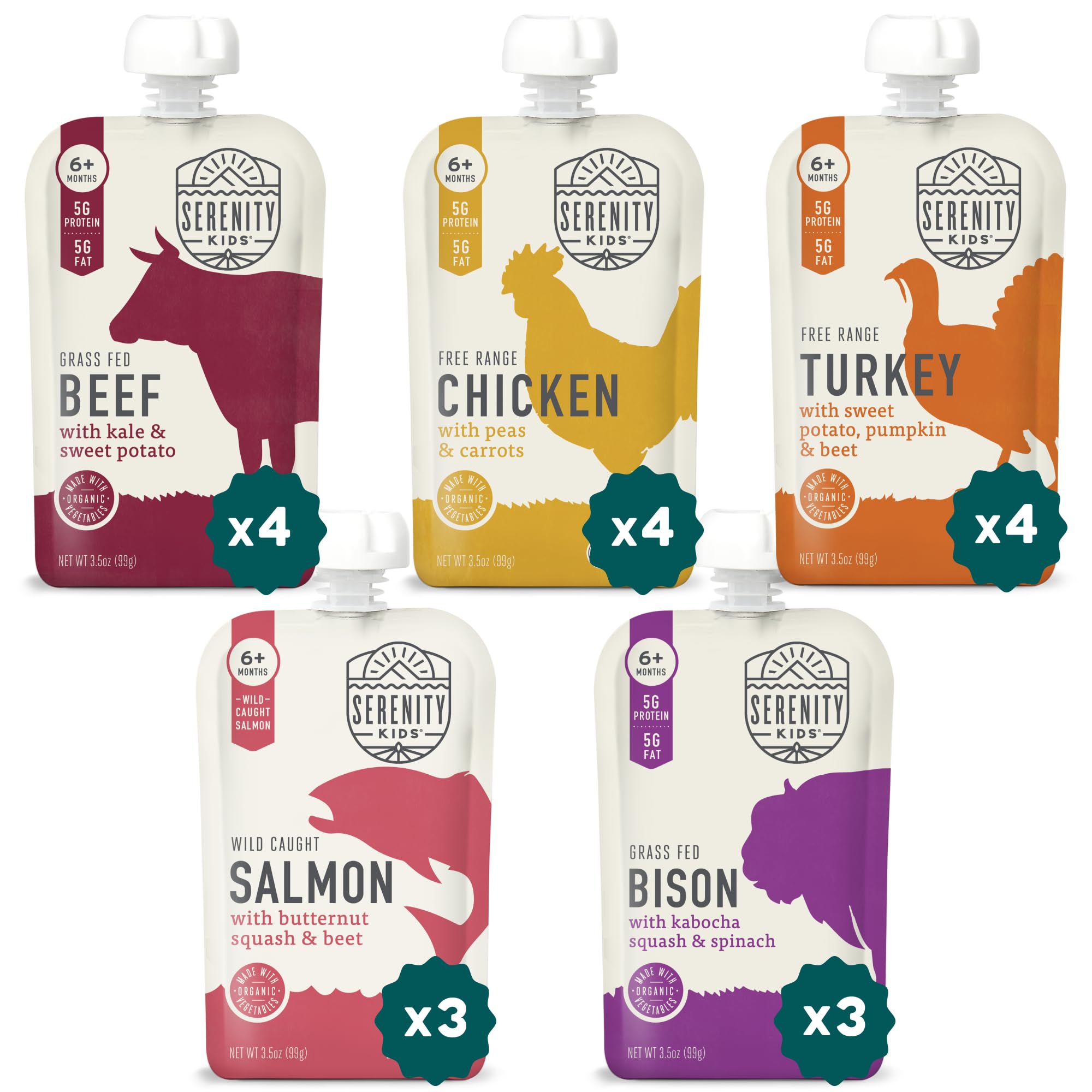 Serenity Kids meat puree pouches variety pack open, convenient protein snack for busy toddlers.
