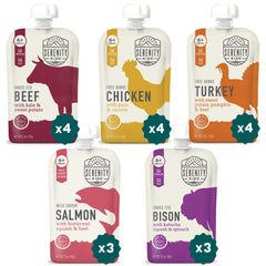Serenity Kids meat puree pouches variety pack open, convenient protein snack for busy toddlers.