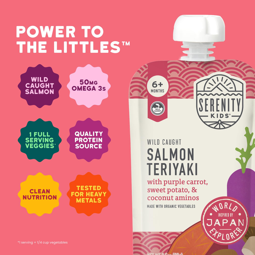 Serenity Kids no added sugar label on pouch for savory flavor without sweet fillers