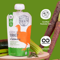 Serenity Kids organic olive oil pouch close-up shows healthy fats in baby meal