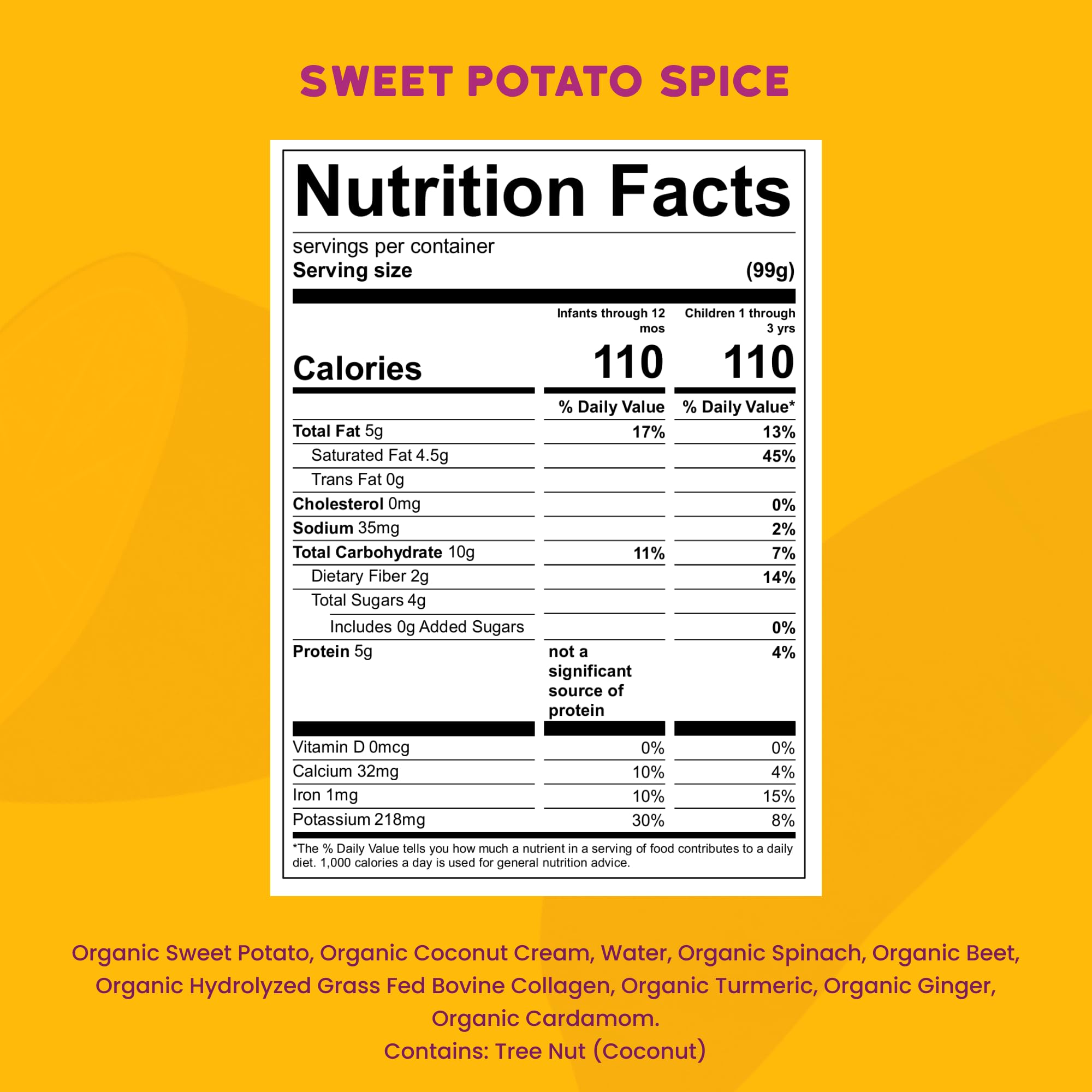Serenity Kids organic spinach and sweet potato ingredients highlight veggie-forward flavor.