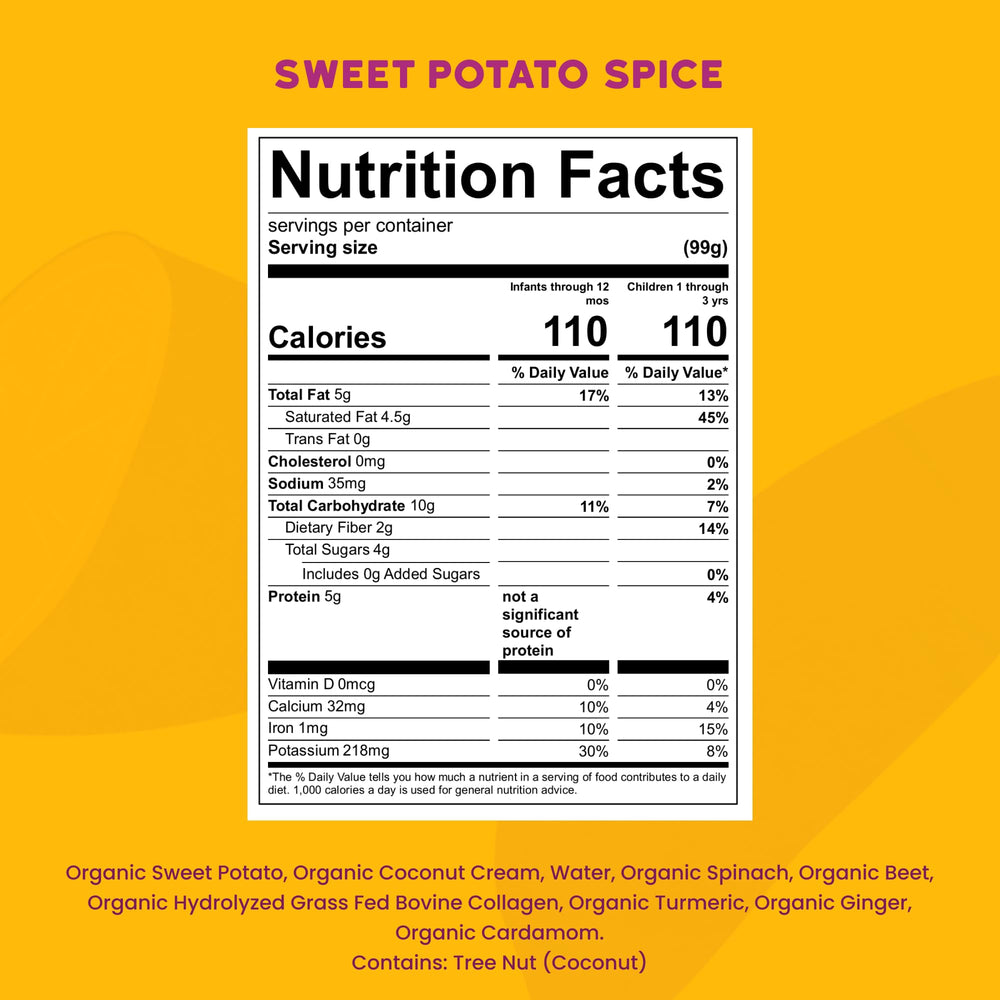 Serenity Kids organic spinach and sweet potato ingredients highlight veggie-forward flavor.