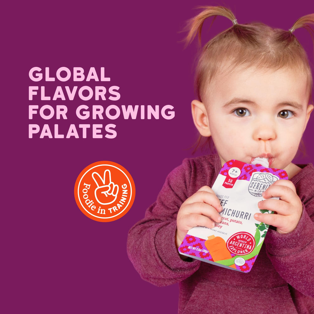 Serenity Kids organic veggies ingredients image highlights clean tasting puree.