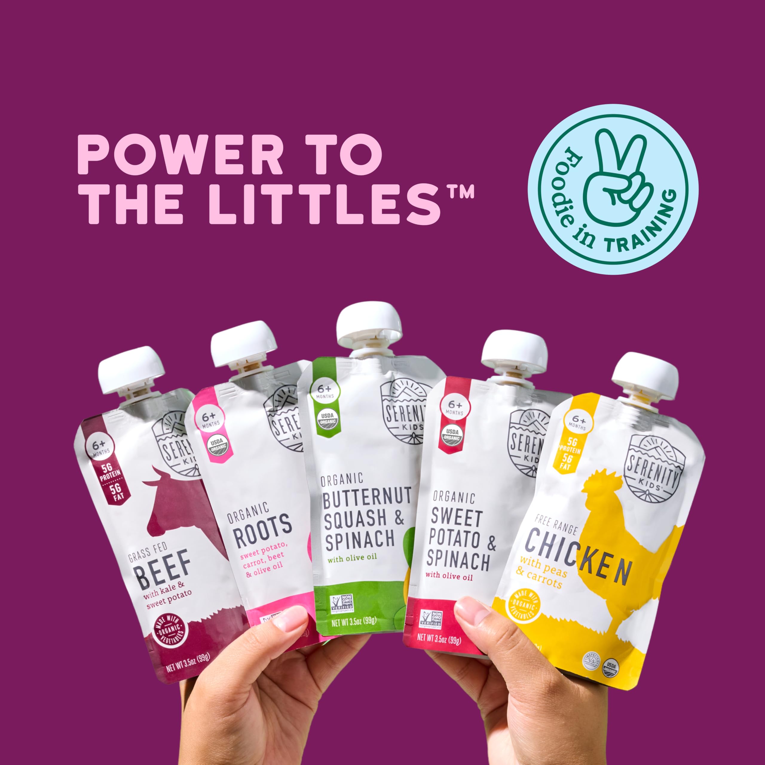 Serenity Kids pouch bison-veggies label shows regenerative sourcing and protein.