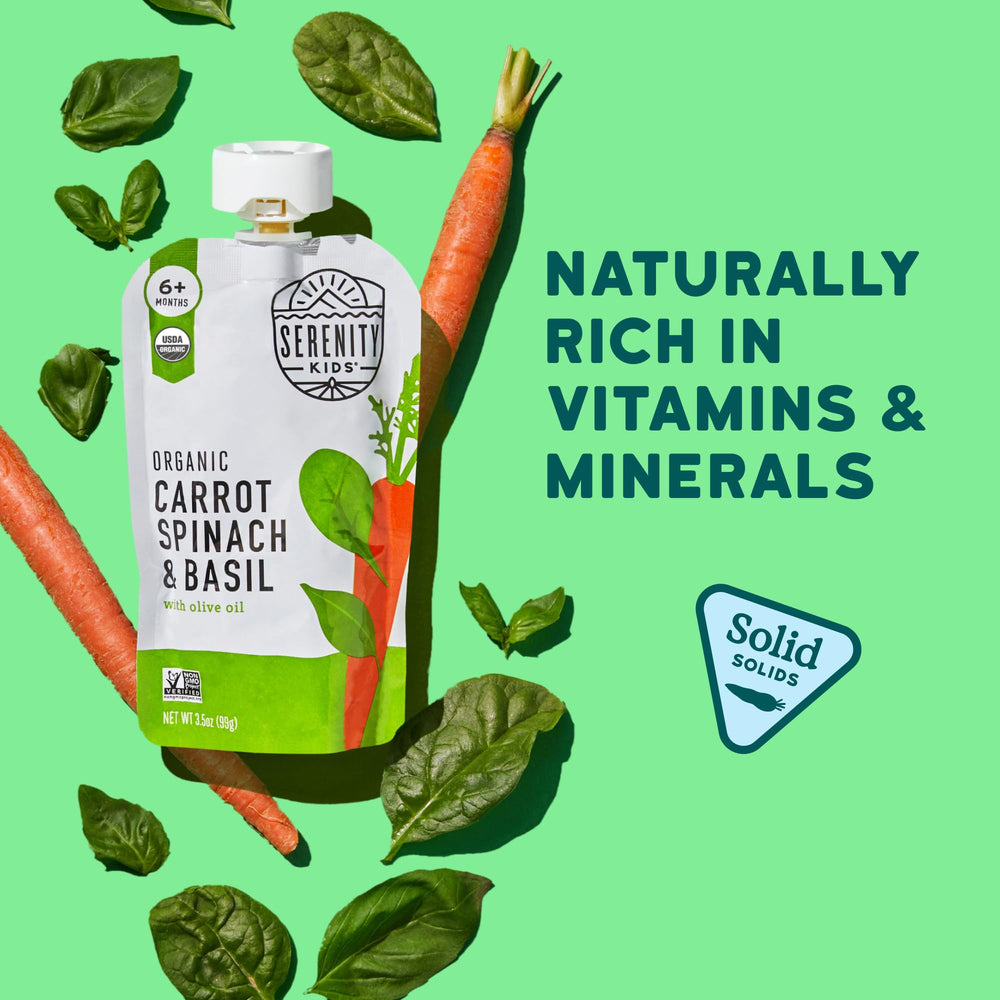Serenity Kids BPA-free allergen-free pouch highlights clean-label ingredients.