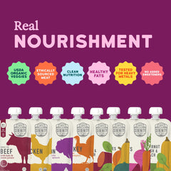 Serenity Kids pouch meat-veggies closeup highlights organic veggie flavors.