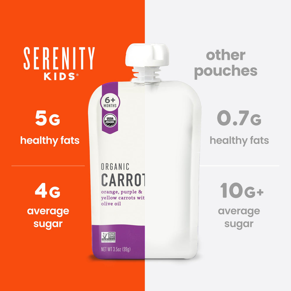 Serenity Kids pouch open with spoon demonstrates quick spoon-feeding after opening.