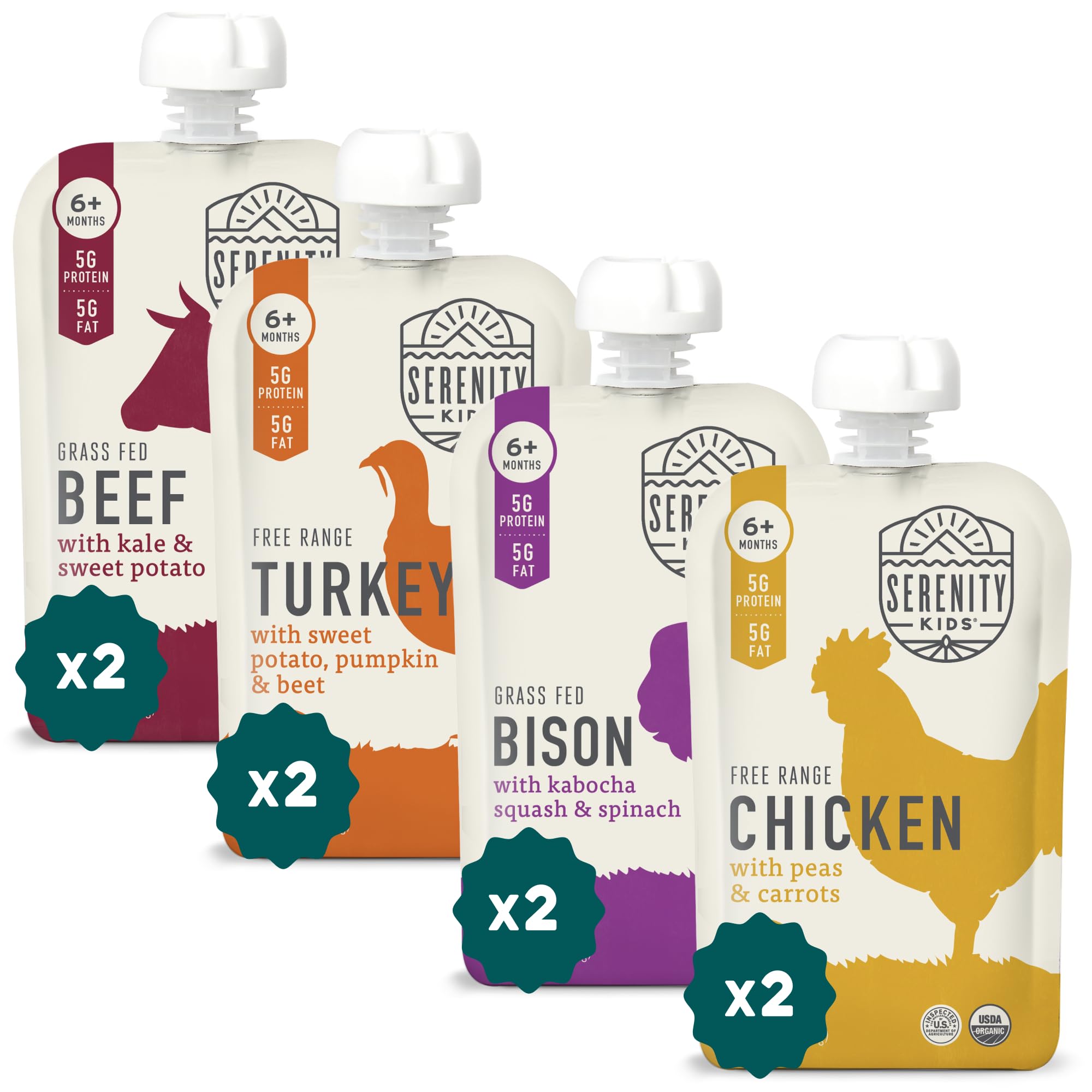 Serenity Kids pouches front label highlights protein-rich meals for growing babies.