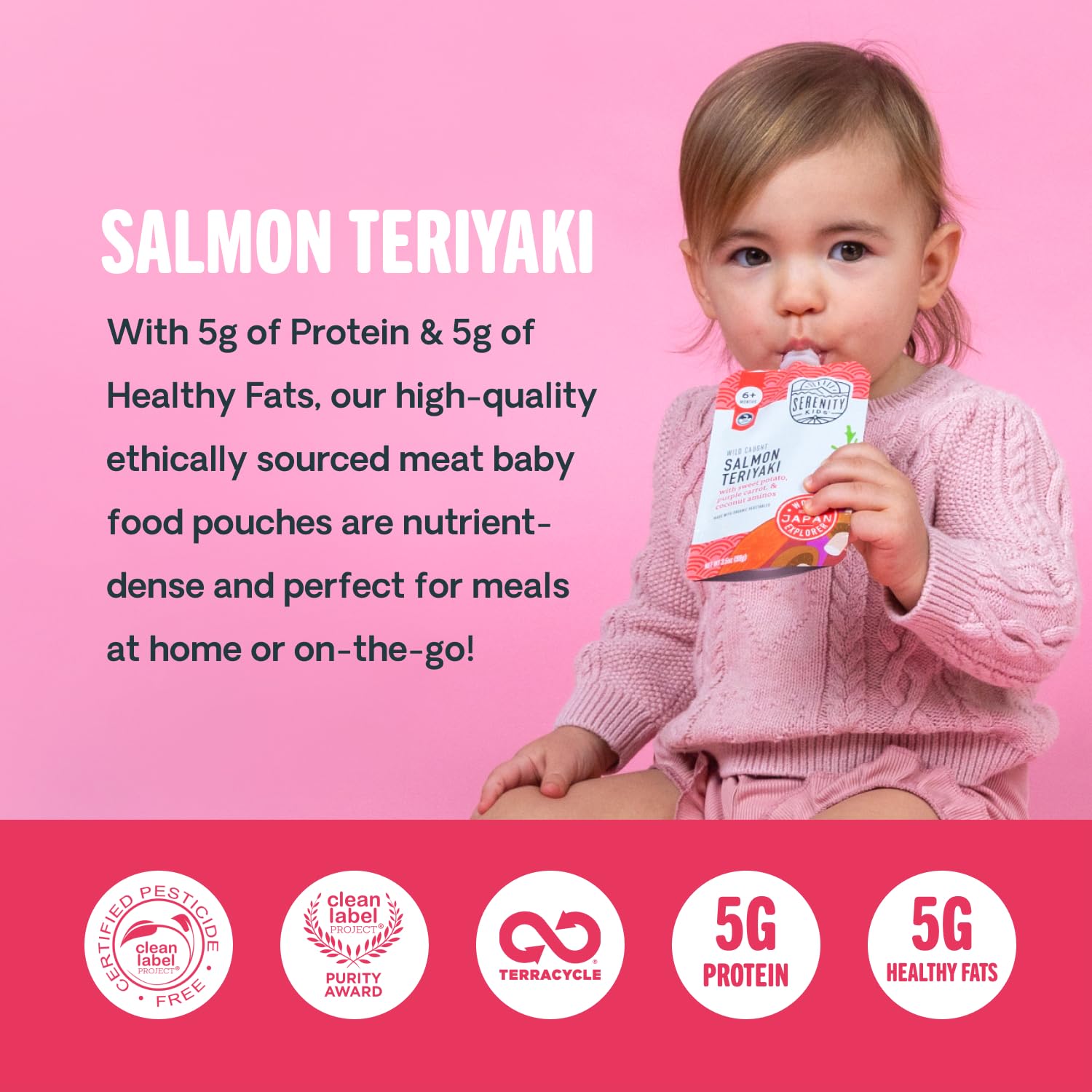 Serenity Kids salmon teriyaki pouch close-up, showcasing smooth texture for early meat introduction.