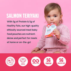 Serenity Kids salmon teriyaki pouch close-up, showcasing smooth texture for early meat introduction.