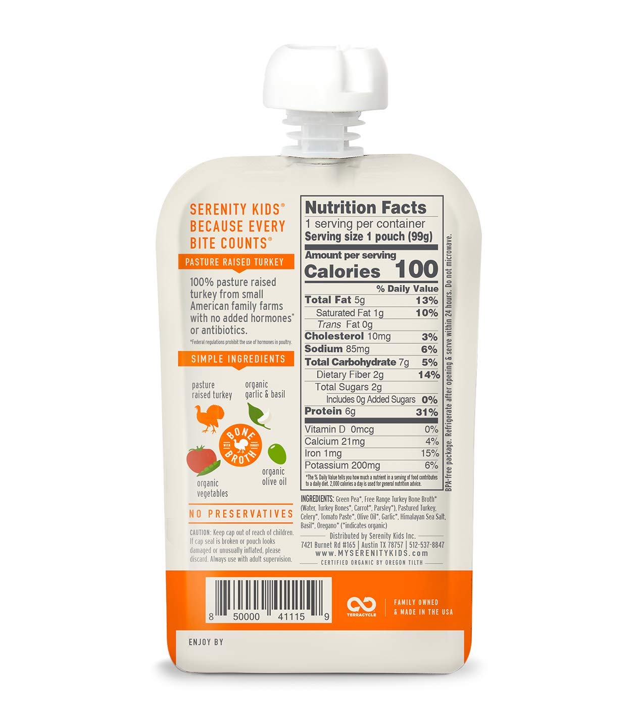 Serenity Kids organic veggies close-up in toddler pouch for veggie-forward nutrition.