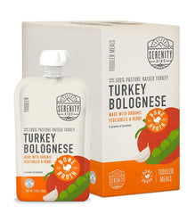 Serenity Kids toddler pouch front view shows turkey bolognese bone broth and protein-rich meal.