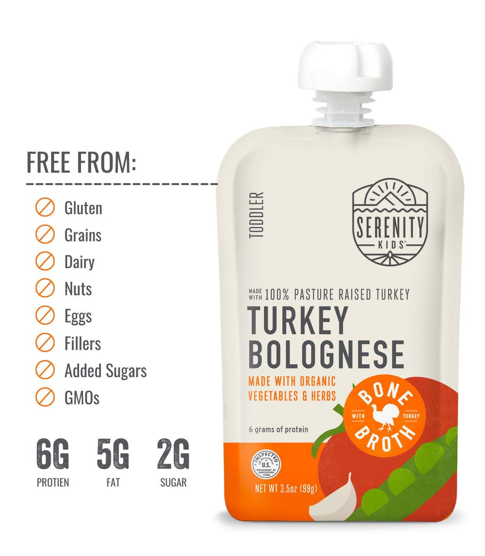 Serenity Kids pouch ingredients close-up highlighting organic veggies and no added sugars.