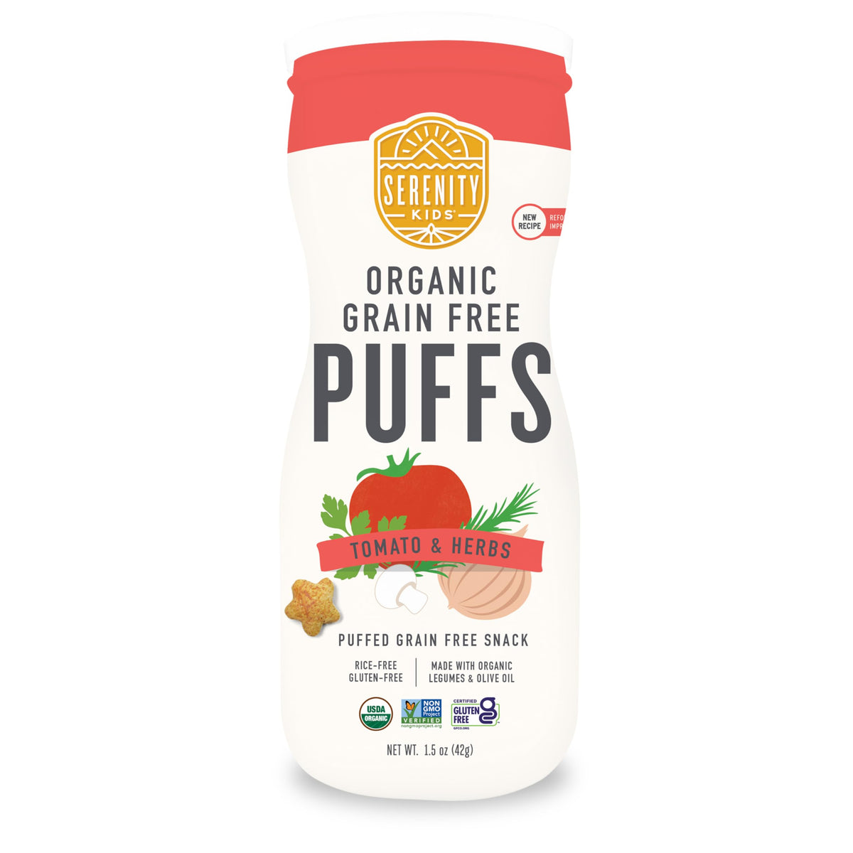 Serenity Kids tomato-herbs puffs pack—grain-free snack for babies 6 months and up