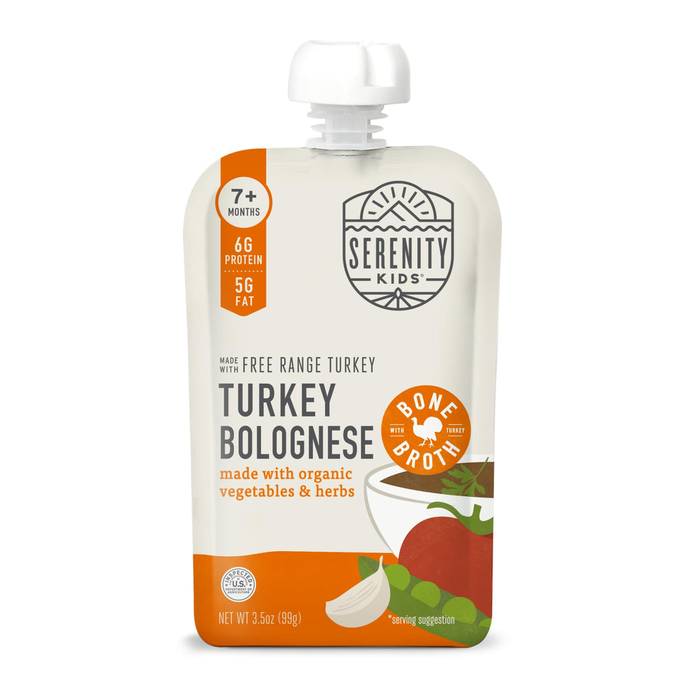 Serenity Kids turkey bolognese pouch open for toddler feeding with high-protein convenience