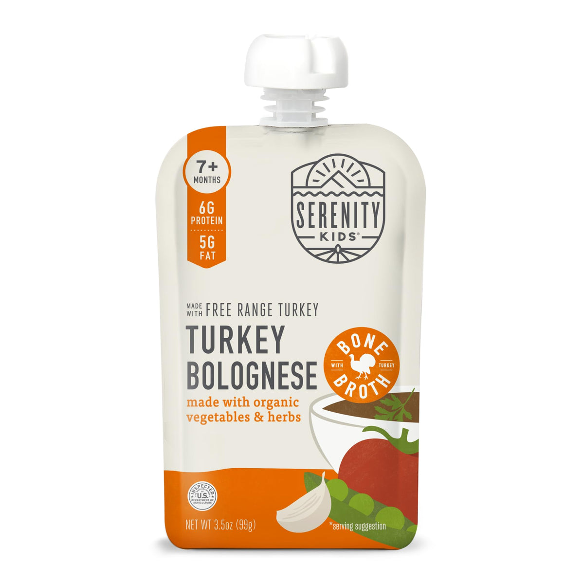 Serenity Kids turkey bolognese pouch open for toddler feeding with high-protein convenience