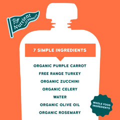 Serenity Kids turkey rosemary olive oil pouch closeup showing wholesome ingredients for little eaters.